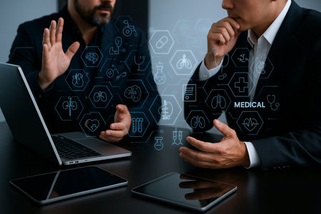 AI generated discussion between professionals with floating medical hologram icons representing digital health innovation strategy collaboration and advanced data systemsの素材