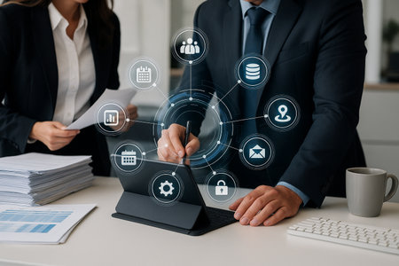 AI generated digital business workflow featuring two office professionals collaborating tablet surrounded by hologram icons communication finance security scheduling and document management workplaceの素材