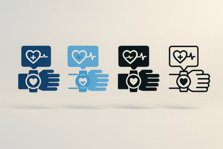 AI generated minimal icon set of smartwatch health monitoring showing heart rate pulse and wearable tracking symbols in four modern styles suitable for digital health app design fitness interface useの素材