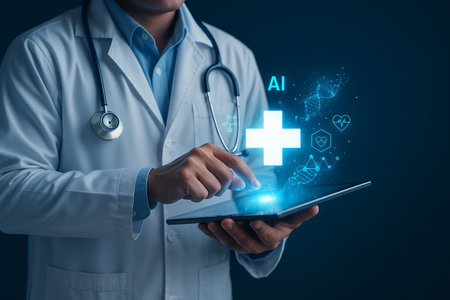 AI generated digital healthcare interface with a doctor using a tablet and glowing medical cross hologram highlighting smart health data analysis and modern medical technologyの素材