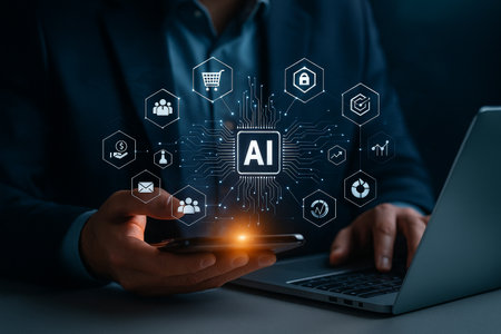 AI generated digital business interface with hologram icons showing data security finance ecommerce cloud and analytics surrounding a smartphone and laptop in a modern workspaceの素材