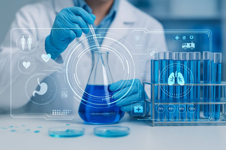 AI generated modern laboratory with digital health data overlay combining medical research tools and futuristic HUD elements to highlight biotech analysis smart diagnostics and scientific innovationの素材