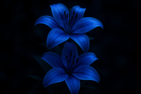 AI generated , blue glowing lilies bloom in dark background with soft light creating calm mysterious fantasy mood with clean space for design useの素材