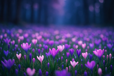 AI generated , dreamy meadow filled with purple pink and white flowers with soft bokeh background creating calm romantic and gentle spring atmosphere with natural beautyの素材