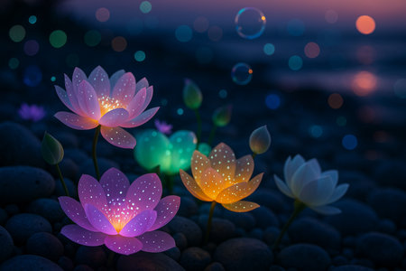 AI generated glowing fantasy flowers at night with neon pastel light on dark stones soft bokeh dreamy romantic mood for cover wallpaper and digital designの素材