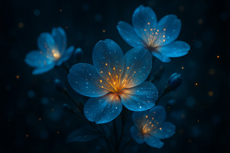 AI generated glowing blue fantasy flowers with translucent petals and warm golden centers floating on dark dreamy background mystical romantic elegant floral art with copy spaceの素材