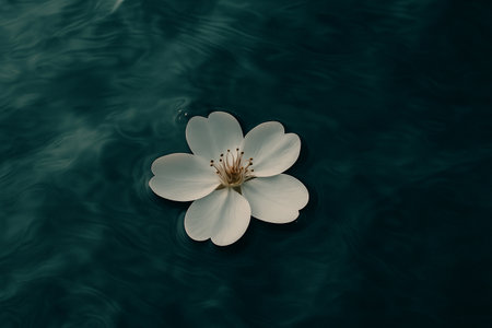 AI generated poetic minimalist floral artwork featuring a single white flower floating on deep teal water with calm ripples serene mood and generous negative space for wellness brandingの素材