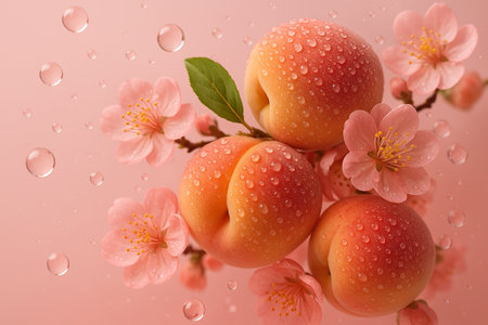 AI generated luxury peach fruits with soft pink blossoms and crystal water droplets creating a fresh romantic fantasy mood perfect for beauty food fragrance and spring lifestyle brandingの素材