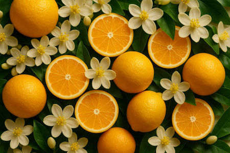 AI generated fresh citrus botanical artwork featuring ripe oranges orange slices white blossoms and glossy green leaves vibrant natural mood with abundant pattern and clean commercial appealの素材