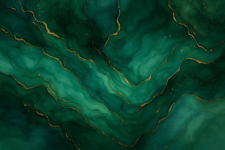 AI generated green and turquoise abstract marble art with flowing layers metallic gold veins and luminous textures expressing luxury depth elegance and modern sophisticationの素材