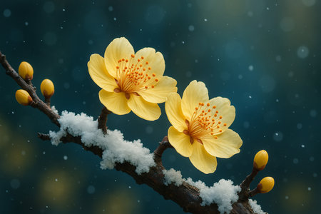 AI generated fantasy floral image featuring golden yellow blossoms blooming on a dark branch covered with soft white snow against a calm blue green bokeh background symbolizing hope serenityの素材