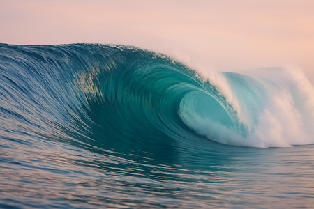AI generated powerful ocean wave forming a smooth barrel with turquoise blue water soft warm sky light and flowing motion expressing balance freedom strength and natural harmonyの素材