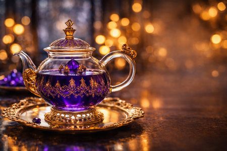 AI generated luxurious glass teapot glowing purple tea crystal jewel floating inside ornate gold patterns warm gold bokeh background elegant fantasy tea magic atmosphere for branding design decorの素材