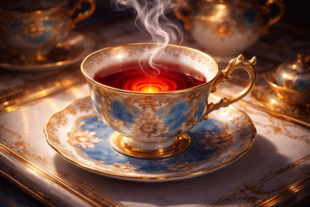 AI generated ornate porcelain tea cup with blue and gold floral design filled with red glowing spiral liquid rising steam warm magical elegant atmosphere for luxury branding decorの素材