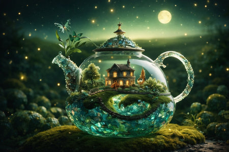 AI generated glowing glass teapot with emerald crystals tiny warm cottage trees moss under moonlight magical night atmosphere soft bokeh clean space for text enchanting dream moodの素材