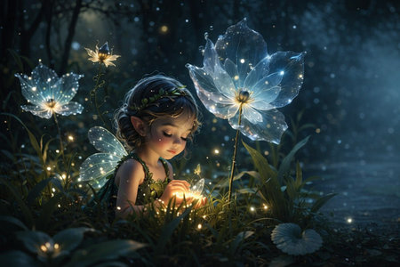AI generated gentle fairy child resting in magical forest surrounded by glowing flowers soft light fireflies innocence nature fantasy dreamy warm peaceful enchanted moodの素材