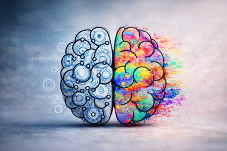 AI generated , split brain with digital circuits on left and colorful paint on right symbolizing balance of logic creativity innovation education design and technologyの素材
