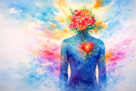 AI generated back view of blue human figure flower head and glowing heart symbolizing emotional healing creativity self expression mental health love compassion and inner peace on colorful backgroundの素材