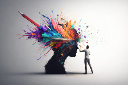 AI generated black human profile with vibrant paint burst large pencil and artist painting the mind symbolizing creativity imagination inspiration and the creative process on clean backgroundの素材