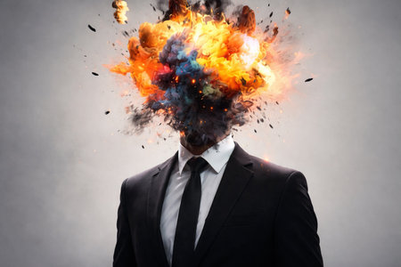 AI generated digital artwork of a businessman in a suit with a fiery explosion replacing his head symbolizing stress burnout anger emotional overload pressure and the collapse of mental controlの素材