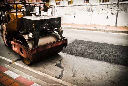 Mini road rollers during asphalt paving worksの写真素材