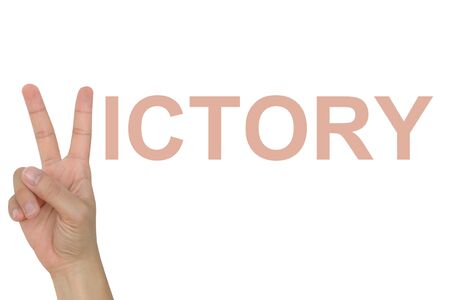 Hand making a victory sign on white backgroundの写真素材