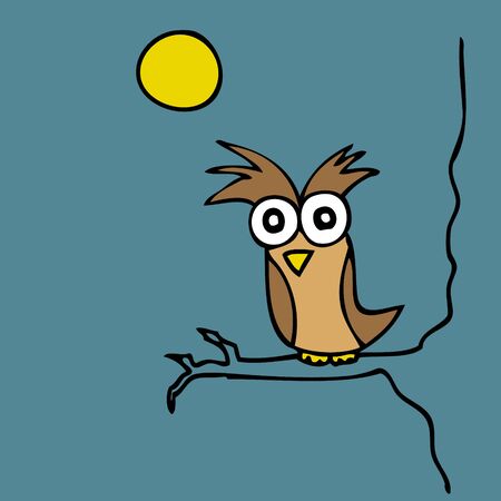 Illustration of hand drawn cartoon owl at nightのイラスト素材
