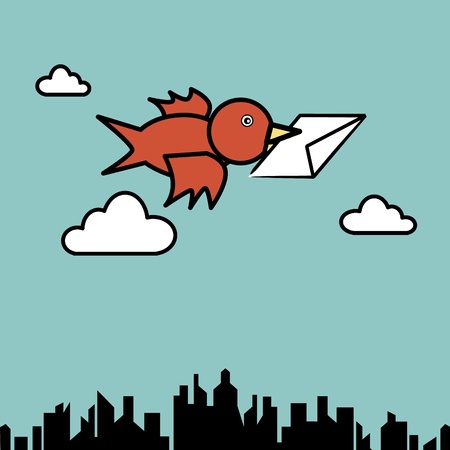 Illustration of bird sending letter fly over the cityのイラスト素材