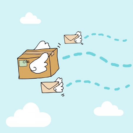 Illustration of hand drawn flying box and envelopesのイラスト素材
