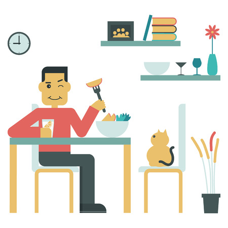 Illustration of young man eat salad at homeのイラスト素材
