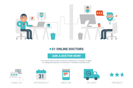 Online doctor flat design for landing page website or magazine illustration printのイラスト素材