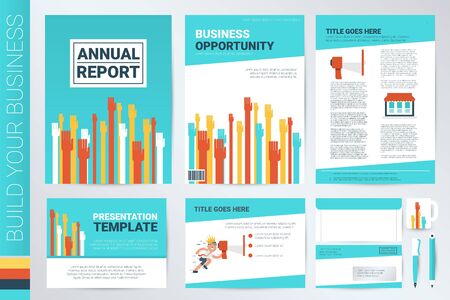 Hands raising book cover and presentation template with flat design elements, ideal for company information or infographic annual reportのイラスト素材