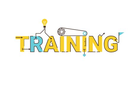 Training word lettering typography design illustration with line icons and ornaments in cheerful yellow themeのイラスト素材