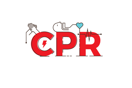 CPR -cardiopulmonary resuscitation word lettering typography design illustration with outline icons and ornaments in red themeのイラスト素材
