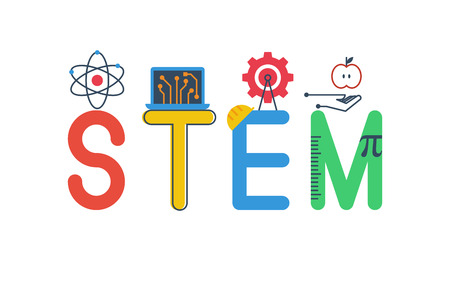 Illustration of STEM - science, technology, engineering, mathematics education word typography design in colorful fun theme with icon ornament elements