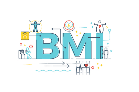 BMI : Body Mass Index word lettering typography design illustration with line icons and ornaments in blue themeのイラスト素材