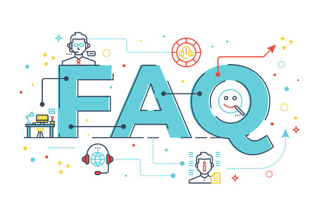 FAQ : Frequently asked questions word lettering design illustration with line icons and ornaments in blue themeのイラスト素材