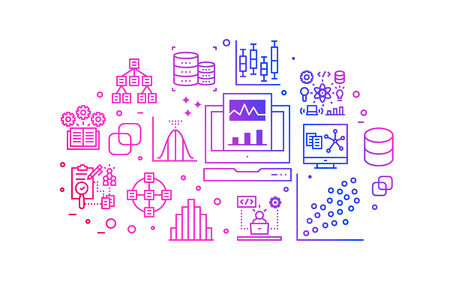 Data analysis gradient line icons illustration. Design in modern style with related icons ornament concept website, app, web banner.のイラスト素材