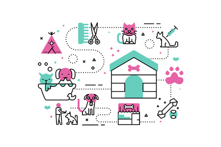 Animal shelter line icons illustration. Design in modern style with related icons ornament concept for website, app, web banner.のイラスト素材