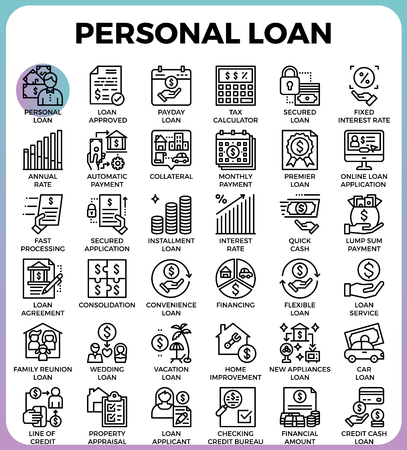 Personal loan concept detailed line icons set in modern line icon style for ui, ux, web, app designのイラスト素材