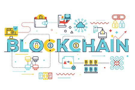 Block chain word lettering illustration with icons for web banner, landing page, essay.のイラスト素材