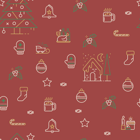Seamless Christmas Pattern in vintage color style with cute christmas related iconsのイラスト素材