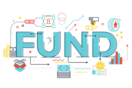 Fund word lettering illustration with icons for web banner, flyer, landing page, article, etc.のイラスト素材