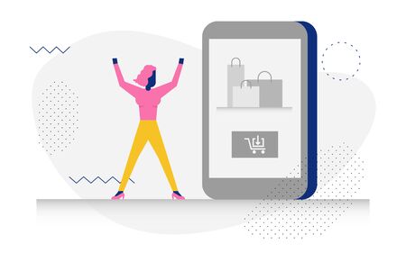 Happy modern character in shopping concept illustration for web banner, flyer, landing page, presentation, book cover, article, etc.のイラスト素材