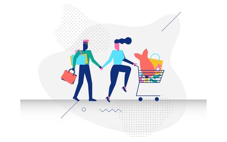 Happy modern character couple in shopping concept illustration for web banner, flyer, landing page, presentation, book cover, article, etc.のイラスト素材