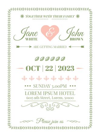 Wedding Invitation Card Template with vine boarder and calligraphy flourish in simple styleのイラスト素材