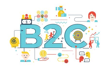 B2C business to customer word lettering illustration with icons for web banner, flyer, landing page, presentation, book cover, article, etc.のイラスト素材