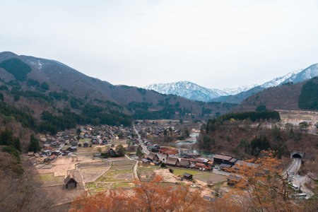 SHIRAKAWA, JAPAN - APRIL 5, 2023: Aerial view of Shirakawa-go village in springtimeのeditorial素材
