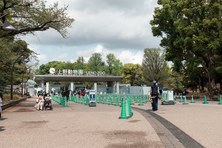TOKYO, JAPAN - APRIL 8, 2023: Uneno zoo entrance in Ueno park during springtime in April