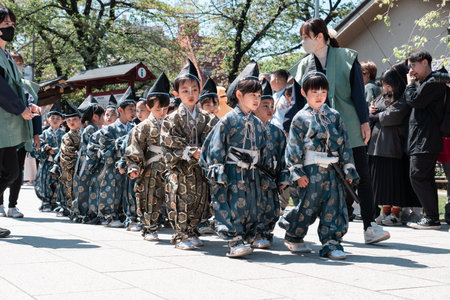 TOKYO, JAPAN - APRIL 9, 2023: White heron dance parade in Sensoji templeのeditorial素材